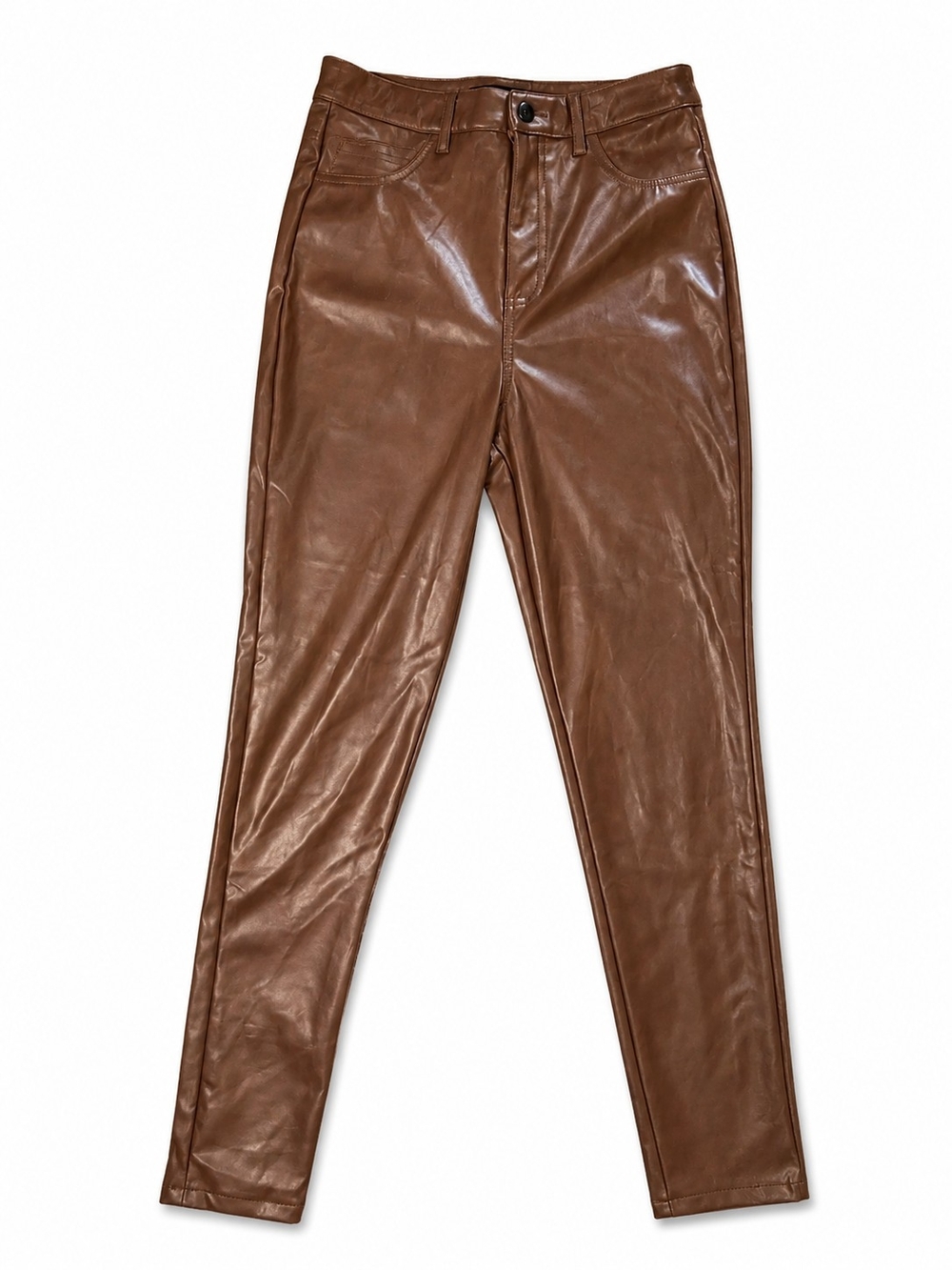 Faux Leather High-Waist Skinny Pants - Brown Size Medium